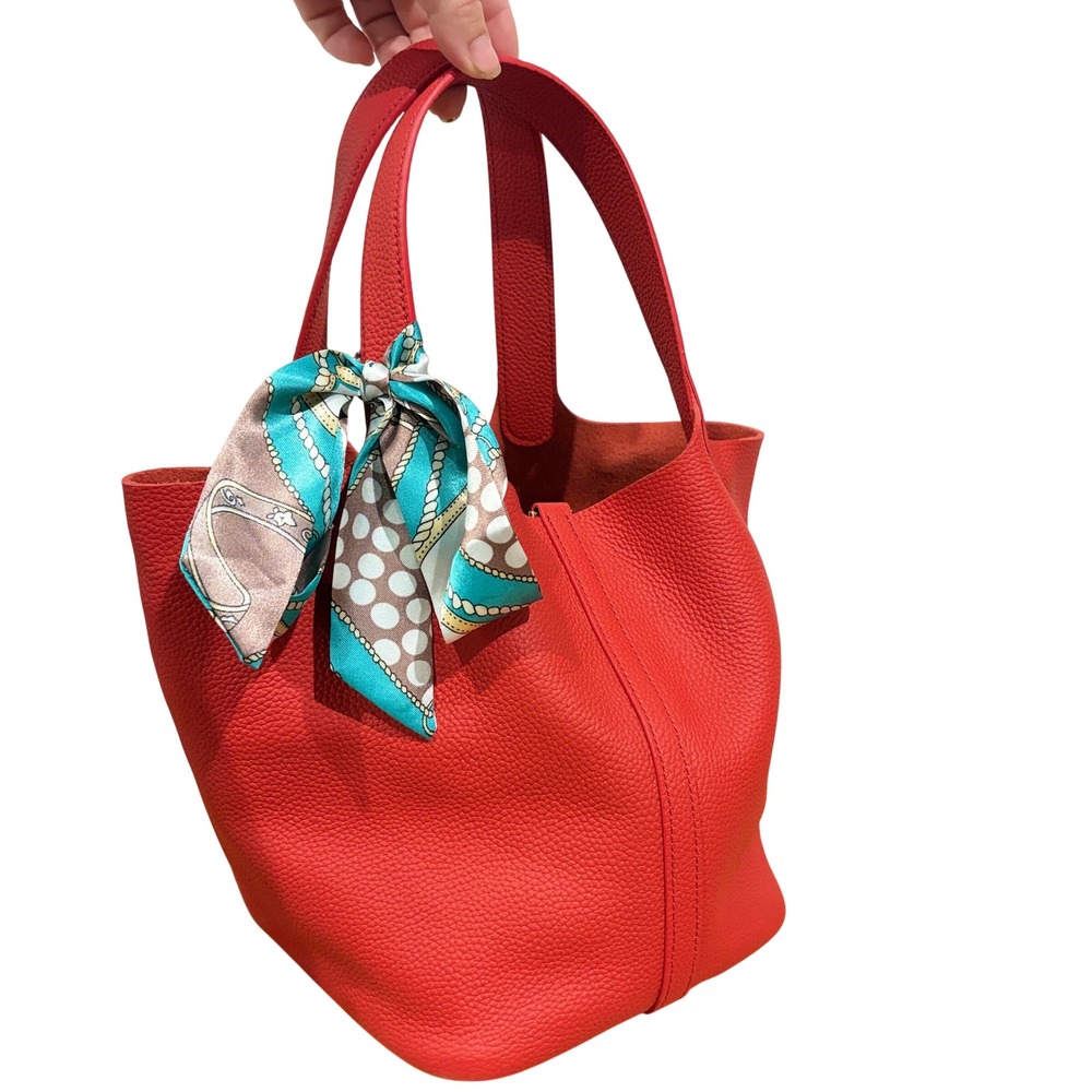 SADI Artisanal Leatherware Red Pebbled Leather Bucket Bag Tote with Scarf Charm